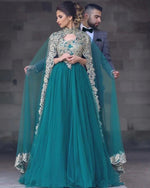 Green Tulle Moroccan Kaftan Evening Dresses with Cape Dubai Arabic Muslim Special Occasion Formal Prom Gown PL0715