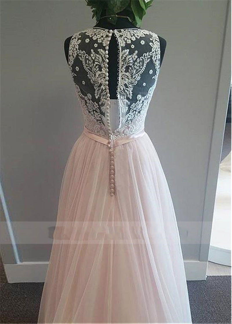 Romantic Pale Pink Ivory Lace and Tulle Formal Dress for Women  V Neck Receptaion Wedding Gown WD10914