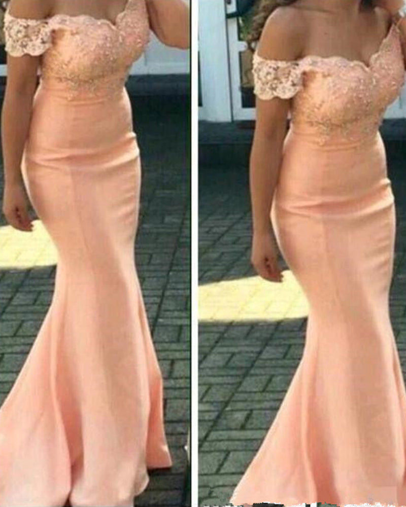Bridesmaid Dresses For Weddings Peach Off Shoulder Cap Sleeves Lace Appliques Mermaid Floor Length Plus Size Formal Maid of Honor Gowns PL09261