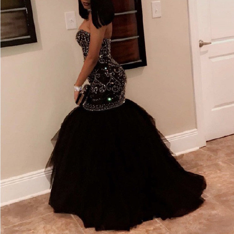 Luxury Sexy Sweetheart Mermaid Prom Gown with Beading Black Evening Dress Vestido De Festa