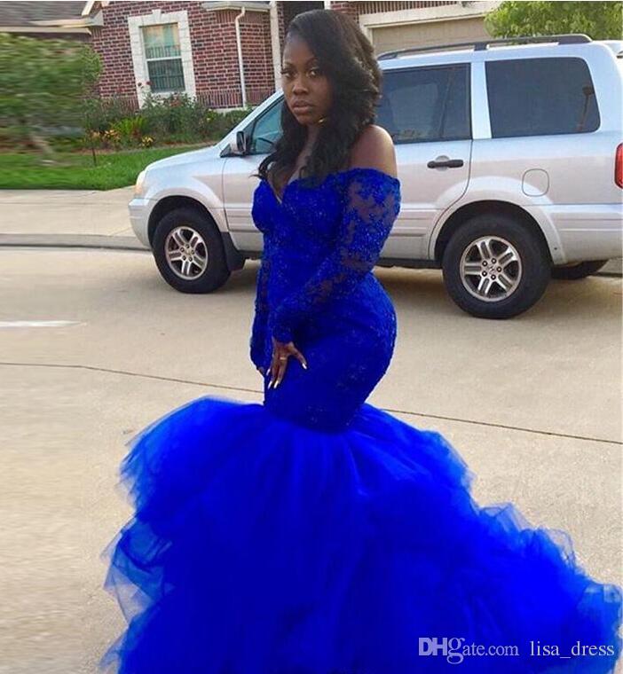 Layered Tulle Royal Blue Mermaid Prom Dress with Sleeves Party Gowns for Black Girls