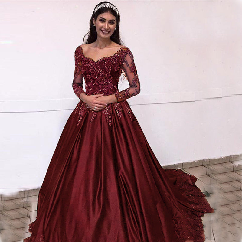 Green/Blue /Burgundy Prom Dress Ball Gown  Vintage Formal Colorful Lace Wedding  Dress for Engagement with Long Sleeves WD0619