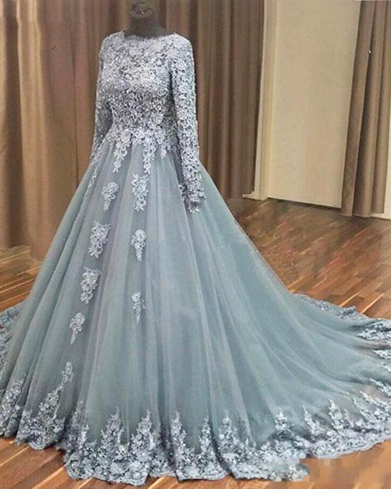 Vintage Long Sleeves Blue Wedding Gown Party Dress for Bride WD10117