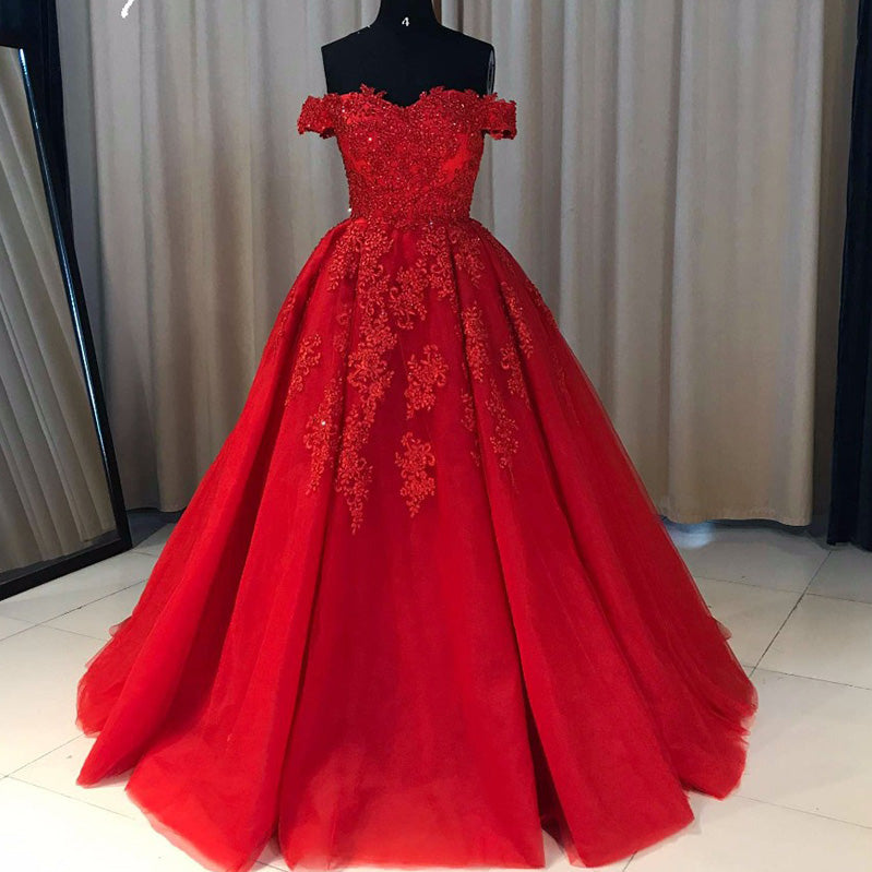 Off the Shoulder Lace tulle Ball Gown Red Prom Dresses formal Gowns