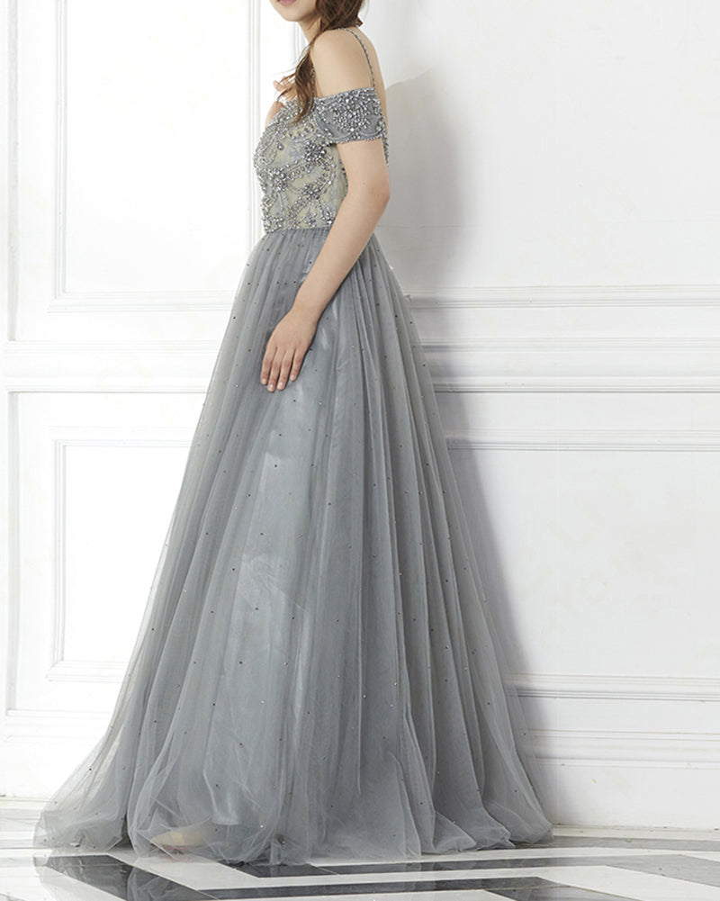 Off the Shoulder Gray Beading Prom Dress Long Graduation  Gown PL2014