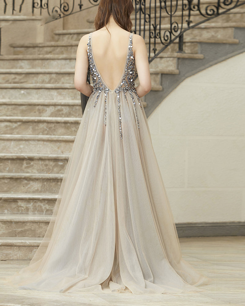 Sparkle Beading Sequins Sexy V Neck Prom Dresses Formal Evening Gown PL2145