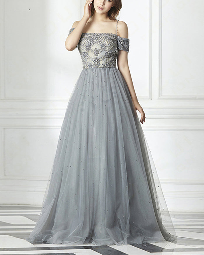 Off Shoulder Dark Grey Beaded Prom Dresses, Organza Prom Dresses, Cheap Prom Dresses, PD0445 main image 0