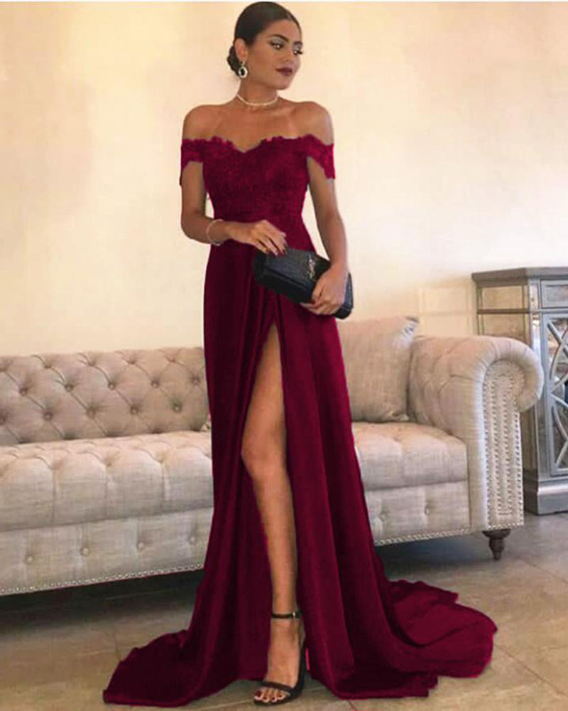 Dark Red Slit Long Prom Dresses with Off the Shoulder Evening Party Gown PL823