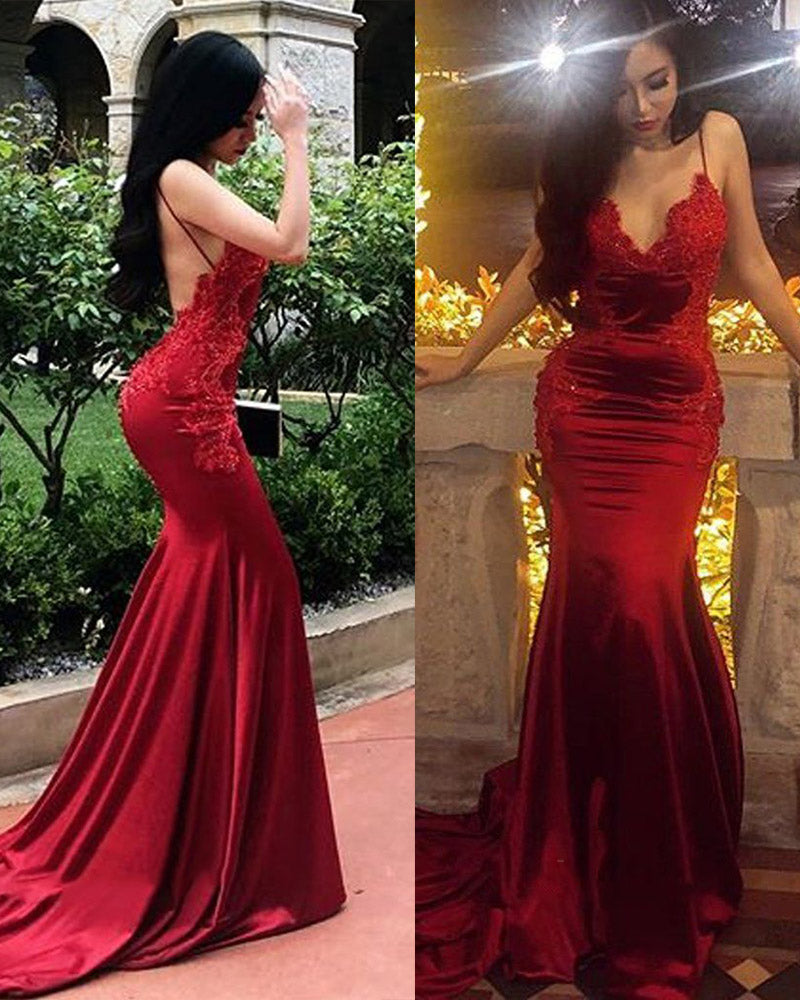 Wine Red Lace Appliqued Mermaid Party Prom Dresses with Spaghetti Straps Long PL2102
