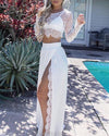 Black/White Two Pieces Long Sleeves Lace Prom Party Dresses with Slit PL2214