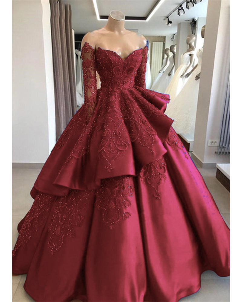 Stylish Long Sleeves Lace Beaded Ball Gown Women Formal Dress