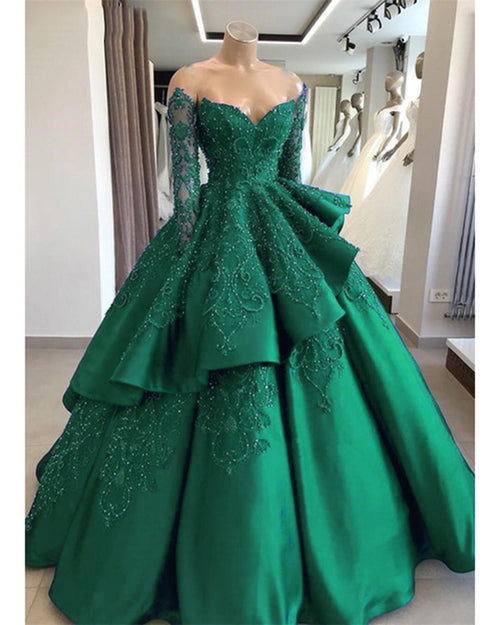 Stylish Long Sleeves Lace Beaded Ball Gown Women Formal Dress,Wedding Dress With Sleeves LP1225