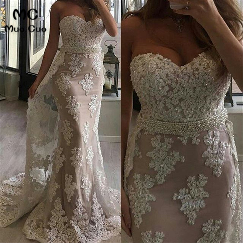 Pink/Ivory Lace Sweetheart Mermaid   Prom Long Dresses 2019 PL8854