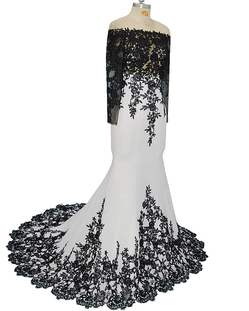 White and Black Evening Dress Long mermaid Formal Party Gown LP047