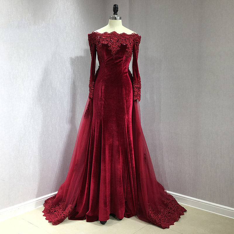 Burgundy Long Sleeves Women Velvet Prom Dresses Arabic Lace Mermaid Evening Long Gown with Removable Train