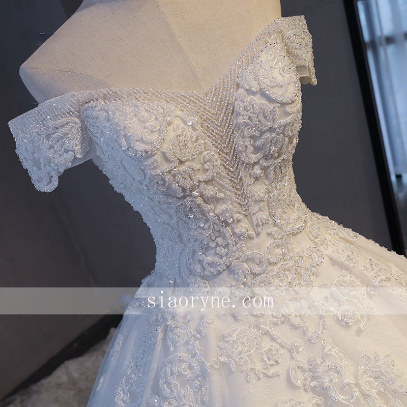Siaoryne Gorgeous Appliques Lace Chapel Train A-Line Wedding Dress 2023 Luxury Beaded Boat Neck Sexy Bridal Gown Vestido de Noiva WD01219