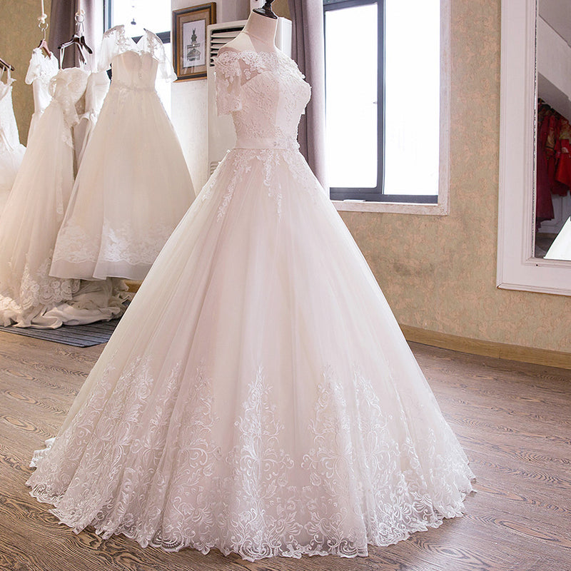 Romantic Off Shoulder Princess A Line White Wedding Dress Lace Bridal Dress with Short Sleeves