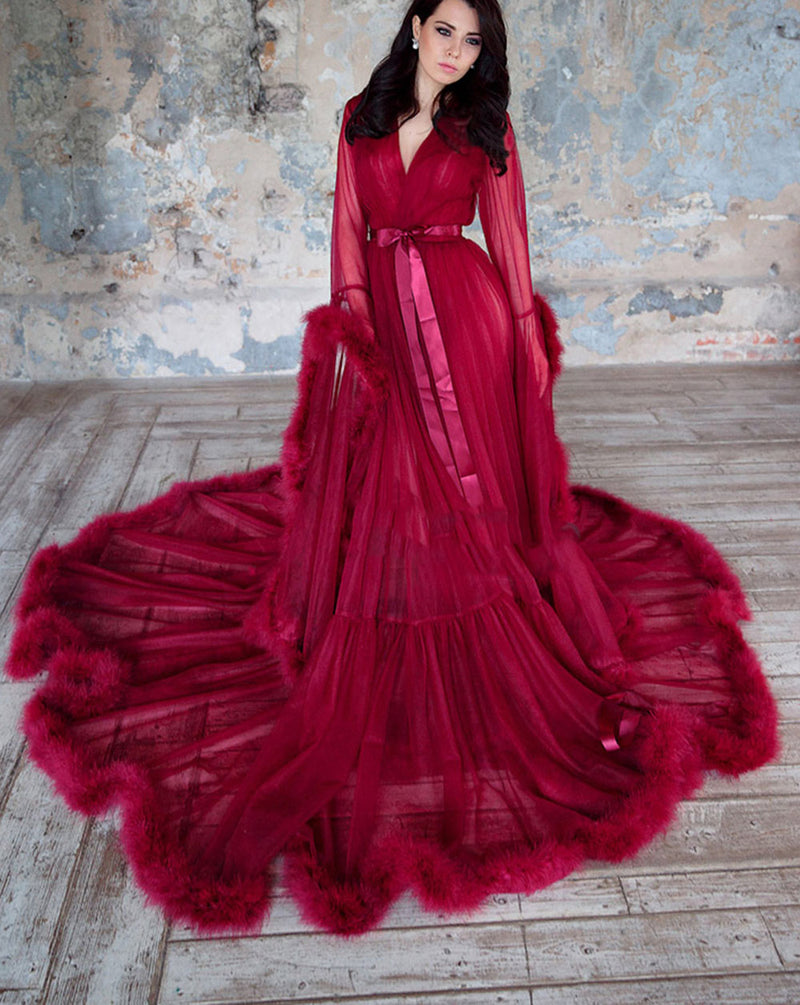 See through Robe Gown Robe De Soiree V Neck Feather Long Sleeve Tulle Party Evening Dresses