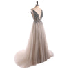 Classy Sexy Grey Dress Deep V Neck Crystal Long Evening Gown 2022 LP0514
