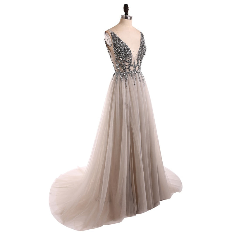 Classy Sexy Grey Dress Deep V Neck Crystal Long Evening Gown 2022 LP0514