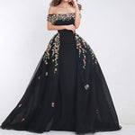 LP7898 Black Prom Dress Long Attachable Train,2018 Floral Lace Off the Shoulder Senior Prom Gown