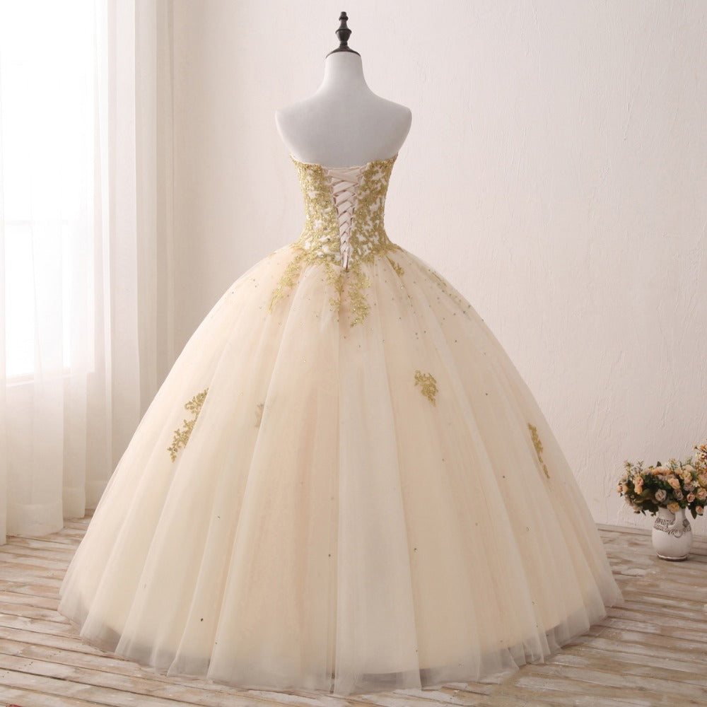 Princess Sweetheart Champagne Ball Gown Sweet 16 Dress Quinceanera Prom Gown with Gold Lace LP1224