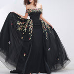 LP7898 Black Prom Dress Long Attachable Train,2018 Floral Lace Off the Shoulder Senior Prom Gown