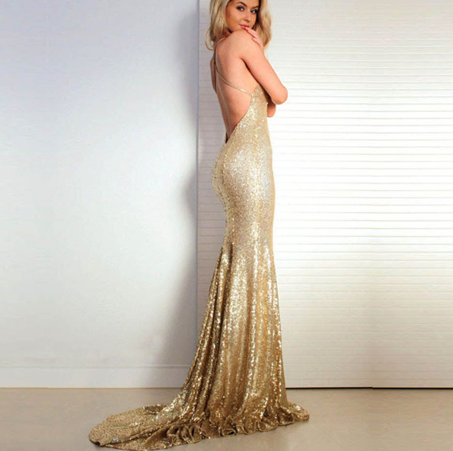 Champagne/Gold Sequin Evening Dress Mermaid Long Women Sexy Party Formal Prom Gown LP803