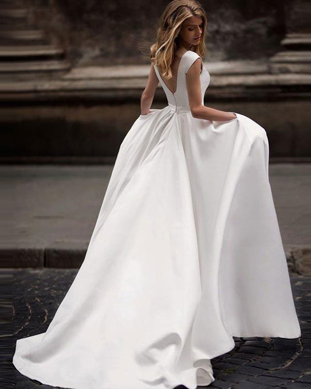 Ivory/White Boat Neck A Line Satin Elegant Wedding Dress,Women Bride Gown WD0804