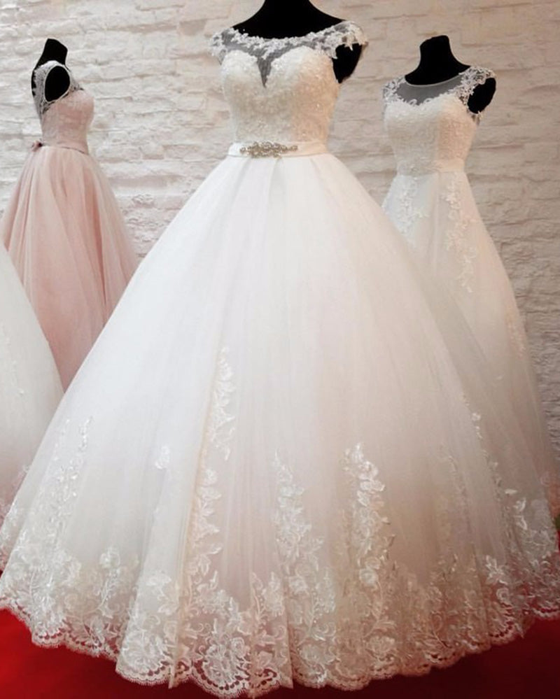 Vestido de fiesta de princesa, vestido de novia de encaje, mangas casquillo, vestidos de novia para mujer, bata de fiesta de matrimonio