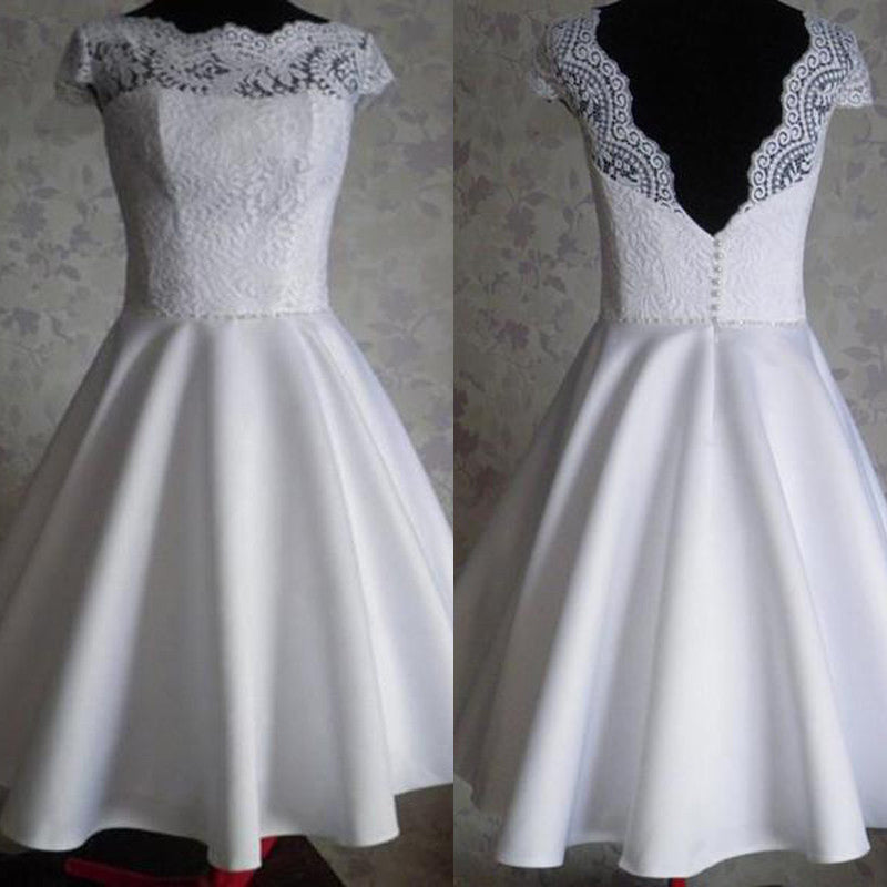 Vestidos de novia de corte A cortos de satén con encaje y mangas cortas hechos a medida, vestido de novia hasta la rodilla