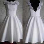 Custom made Cap Sleeves Lace Satin Short A Line  Wedding Dresses,  Tea Length Bridal Gown