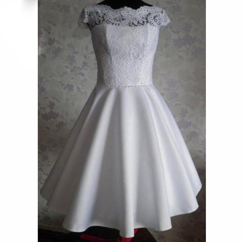 Custom made Cap Sleeves Lace Satin Short A Line  Wedding Dresses,  Tea Length Bridal Gown