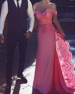 Siaoryne Hot Pink/Light Blue  Lace Off Shoulder Women Formal Wedding Party Gowns Engagement Prom Dresses Long PL306
