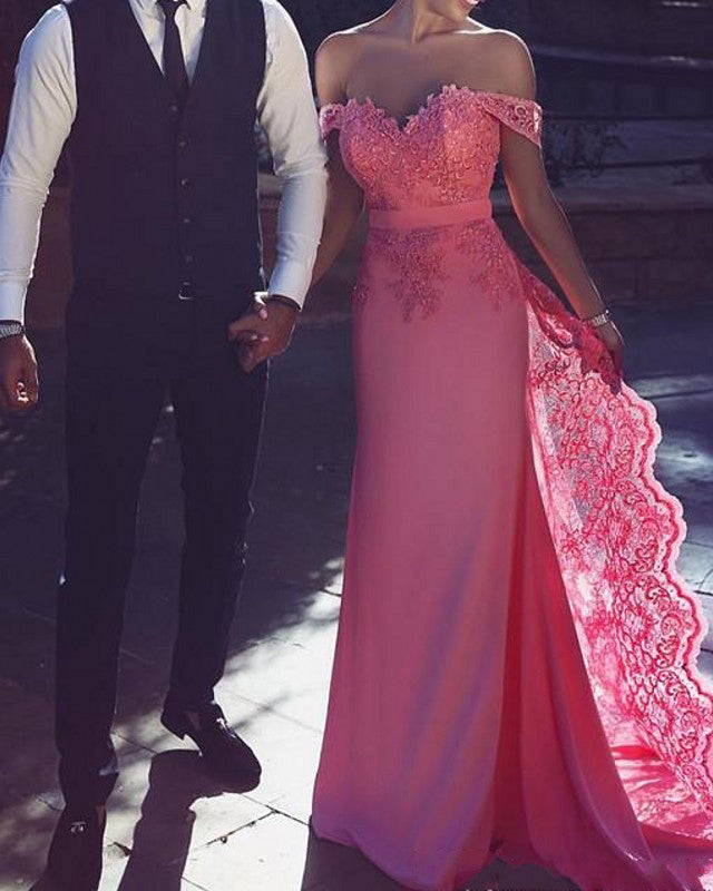 Siaoryne Hot Pink/Light Blue  Lace Off Shoulder Women Formal Wedding Party Gowns Engagement Prom Dresses Long PL306
