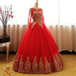 Red and Gold Ball Gown prom dress with Long Sleeves Wedding gown WD750