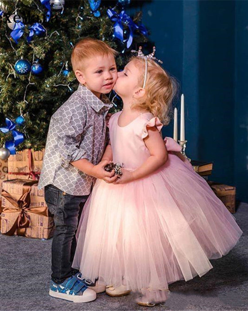 LG0523 Siaoryne  Pink Little Flower Girls Dress For BirthdayParty  Ball Gowns With Bow Pearls Ankle Length O-Neck Kids Pageant Dress