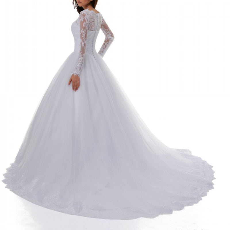 Vintage White Lace Ball Gown Princess Wedding Gown Sleeved Bridal Dresses 2018