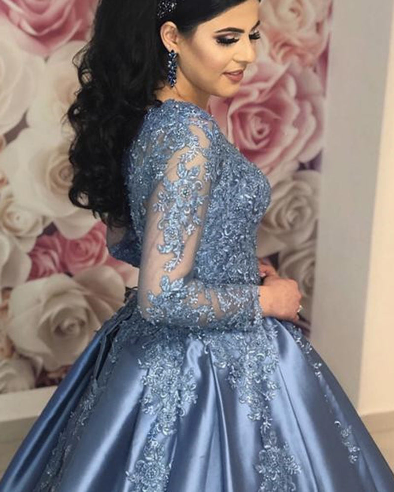 Dust Blue Wedding Dress Lace Long Sleeved Ball Gown Women Formal Evening Wedding Party Dress WD0616
