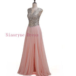 Amazing Crystal A Line Chiffon Prom Formal Dresses Women Long Cap Sleeves Graduation Party Gown