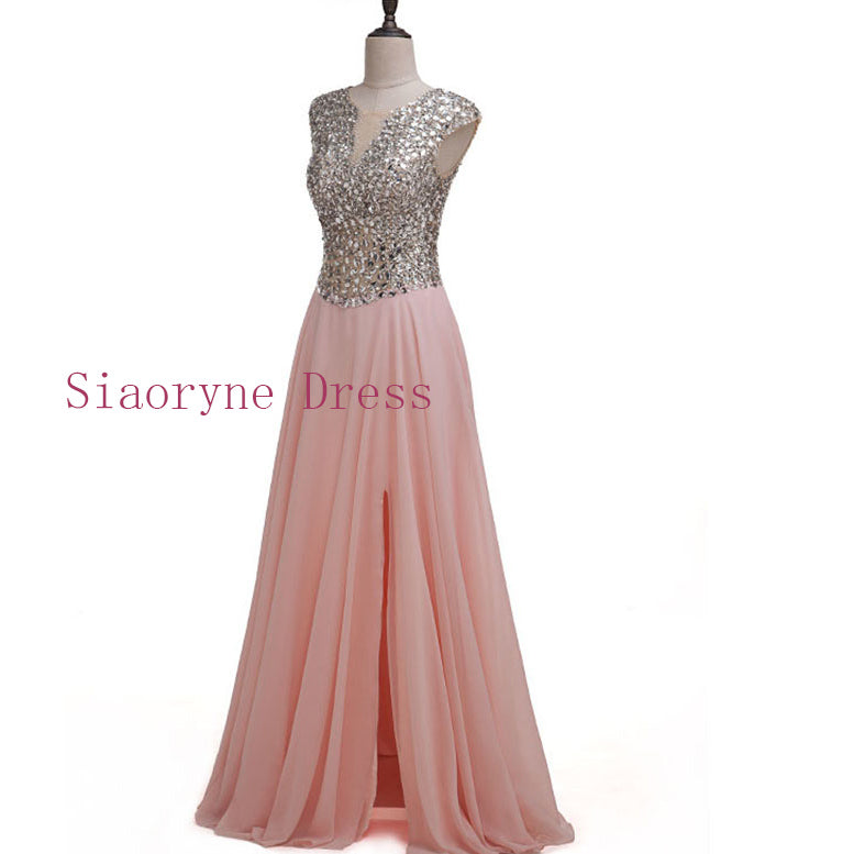 Amazing Crystal A Line Chiffon Prom Formal Dresses Women Long Cap Sleeves Graduation Party Gown
