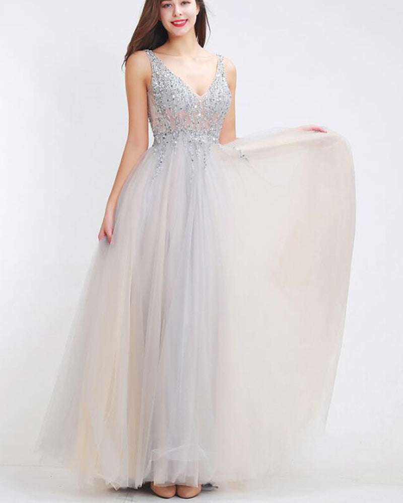 Siaoryne 2020 Prom Dress sexy Light Illusion Tulle crystal V-Neck Sleeveless A-Line Long Prom Party Woman Dress