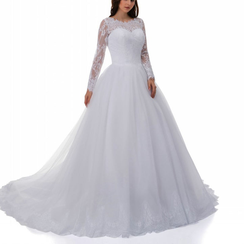 Vestido de novia estilo princesa con encaje blanco vintage y mangas largas 2018 