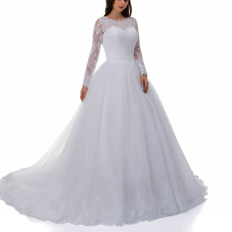 Vintage White Lace Ball Gown Princess Wedding Gown Sleeved Bridal Dresses 2018