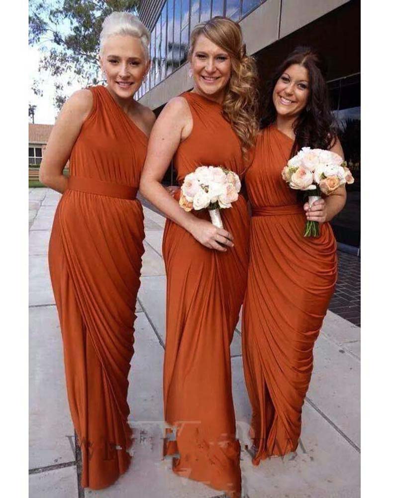 Stunning One Shoulder Chiffon Sexy Long Burnt Orange Bridesmaid Dresses PL11006