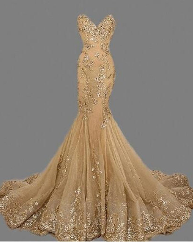 Appliqued Sequins Gold Long Evening Dresses Mermaid Sweetheart Women Evening Party Dresses LP175