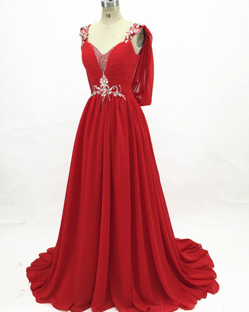 Women Red Long Chiffon Evening Formal Dress with Crystal PL0817
