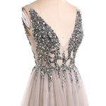 Classy Sexy Grey Dress Deep V Neck Crystal Long Evening Gown 2022 LP0514