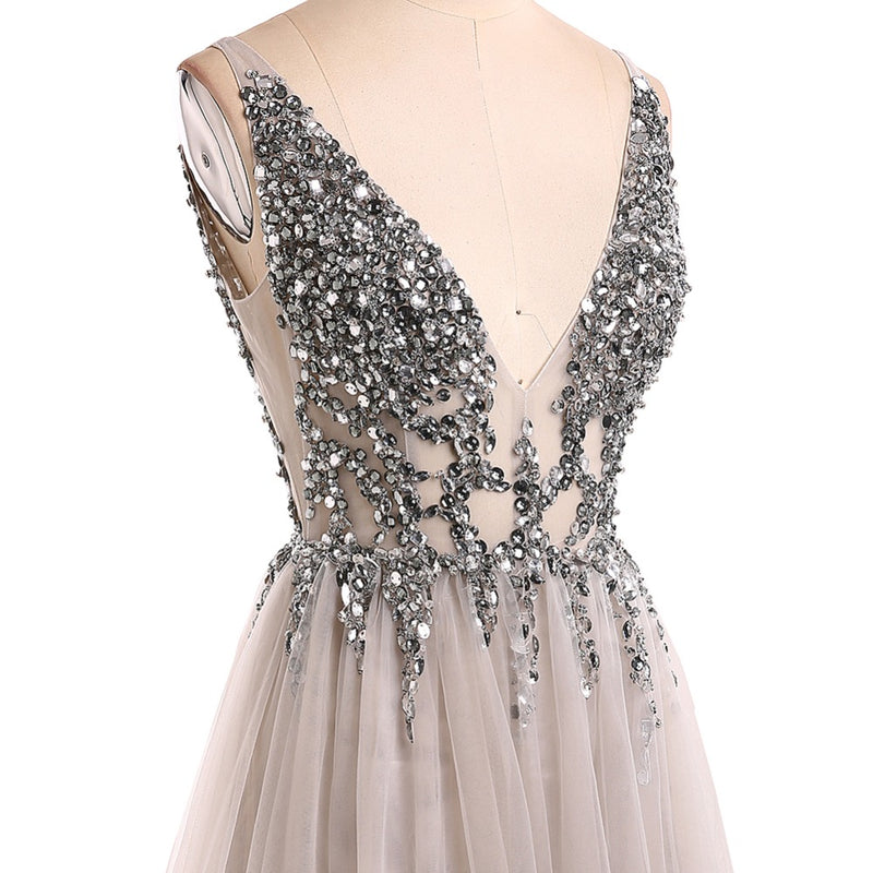 Classy Sexy Grey Dress Deep V Neck Crystal Long Evening Gown 2022 LP0514