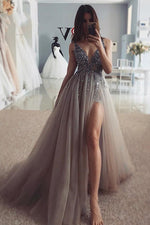 Trendy A Line Women Sequin Prom Dress Sexy Plunge V Neck Formal Gown Slit Evening Dresses LP7701